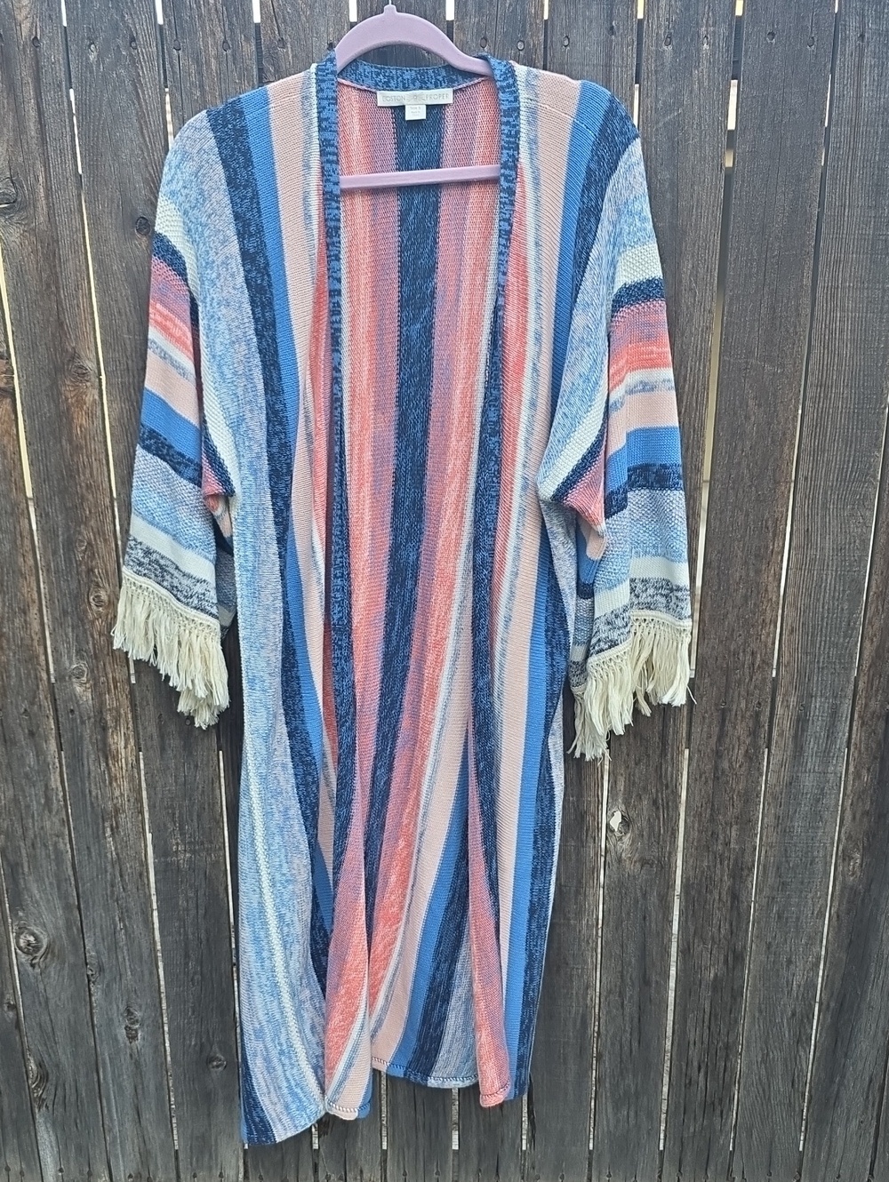 Boston Proper 100% Cotton Blue Pink Striped Long Open Cardigan Fringe Sleeves